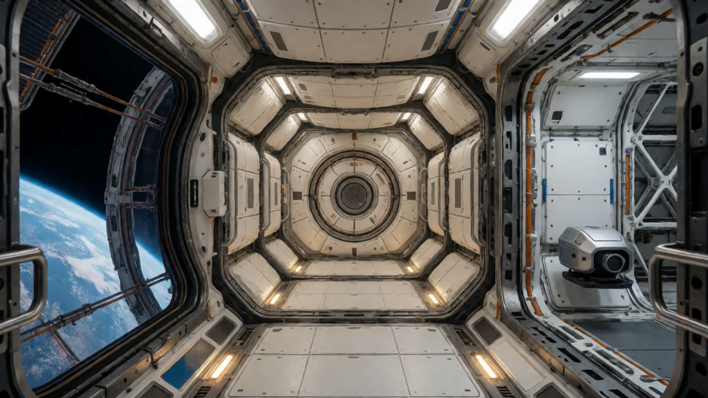 The Vesper reference still: an orbital station corridor with Earth visible through a window.